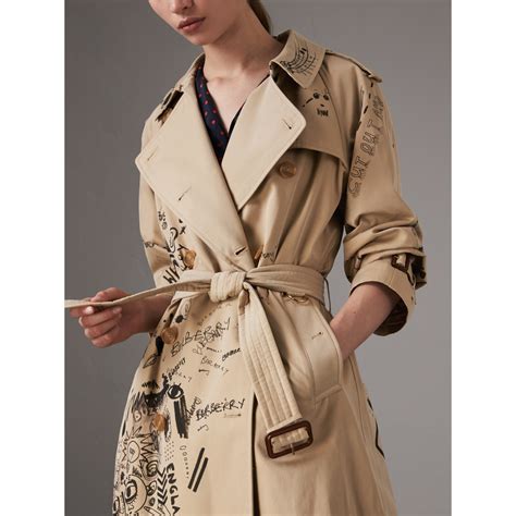 burberry sketch print cotton gabardine trench coat|Burberry kensington trench coat long.